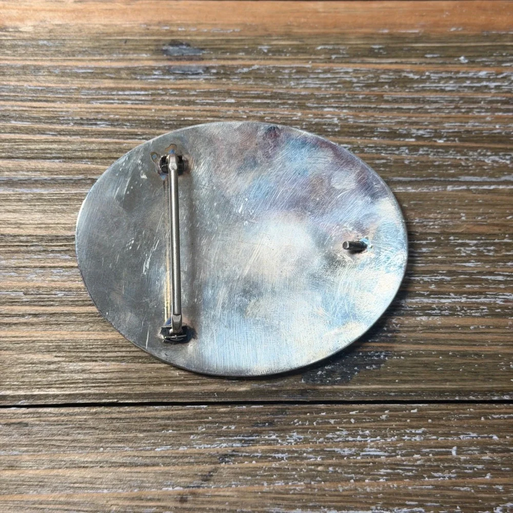 Vintage Western End of the Trail Belt Buckle Turquoise Coral Inlay Oval Silver